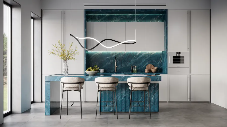 Cristallo Azure Roomscene blue kitchen area